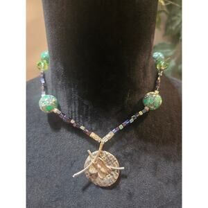 Women's Green Beaded Necklace With Silver Butterfly Pendant And Toggle Clasp